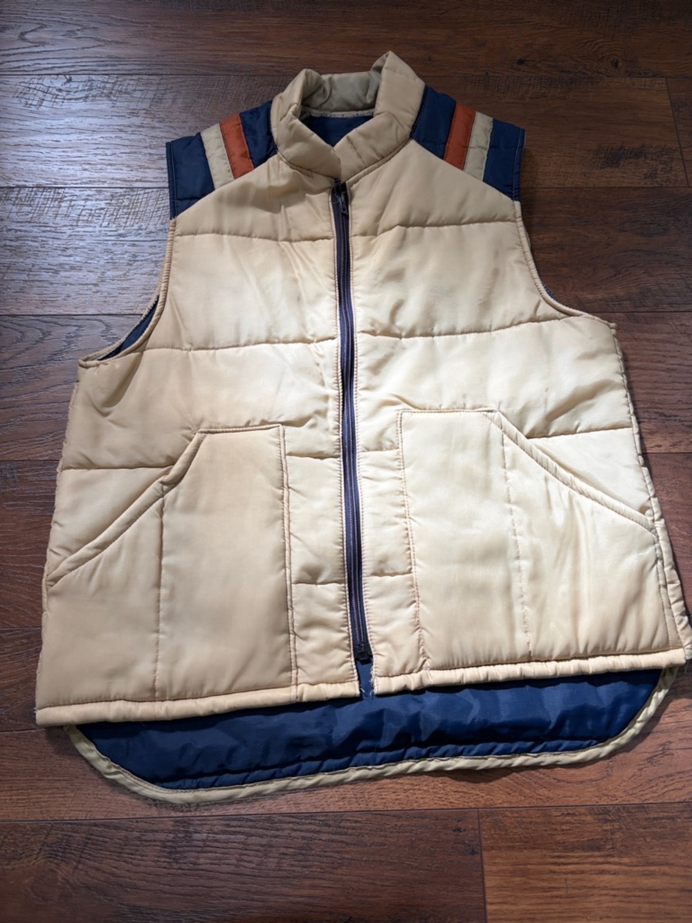 Vintage Cream ski Vest zipper Navy and Rust Accents